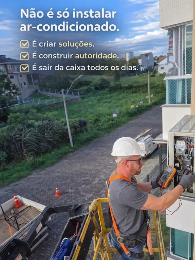 Técnico trabalhando em equipamento externo de climatização.