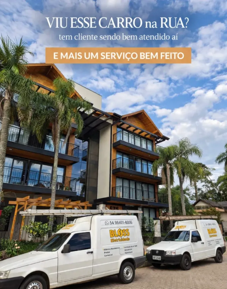 Edificação com frota da Bloss Eletricidade em frente.